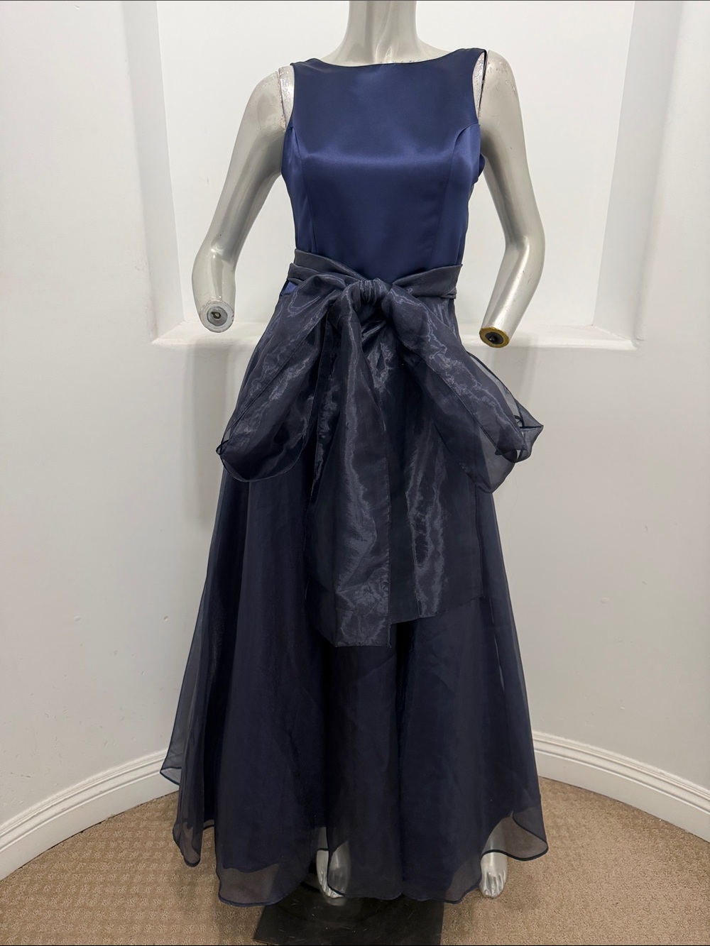 Vintage 90s Fashion 1001 Nights Navy Satin Organza A-Line Evening Dress Size 7/8